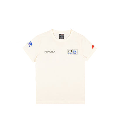An off-white short-sleeve t-shirt featuring 'Formula 2' text on the left chest and racing graphics on the right chest, with blue and red accents on the sleeves, displayed on a solid white background.