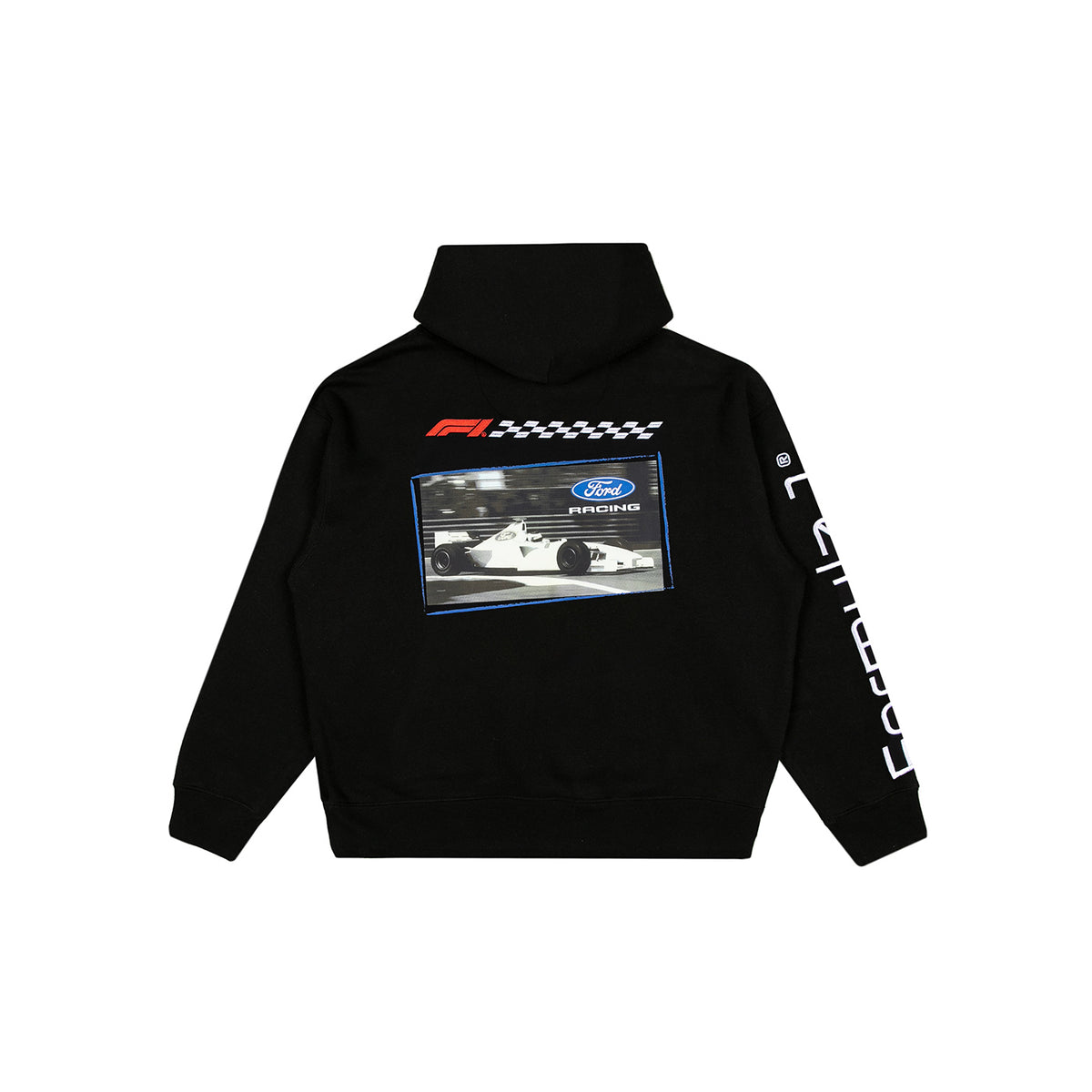 A black pullover hoodie shown from the back, featuring a large graphic print of a white Ford racing car with a blue oval logo, a checkered stripe, and a red F1 logo. The right sleeve has 'FORD' printed vertically in white.