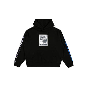 A black pullover hoodie with a graphic print on the chest and text printed down both sleeves, displayed flat against a solid white background.