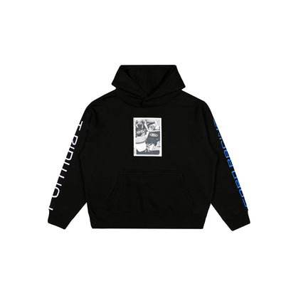 A black pullover hoodie with a graphic print on the chest and text printed down both sleeves, displayed flat against a solid white background.