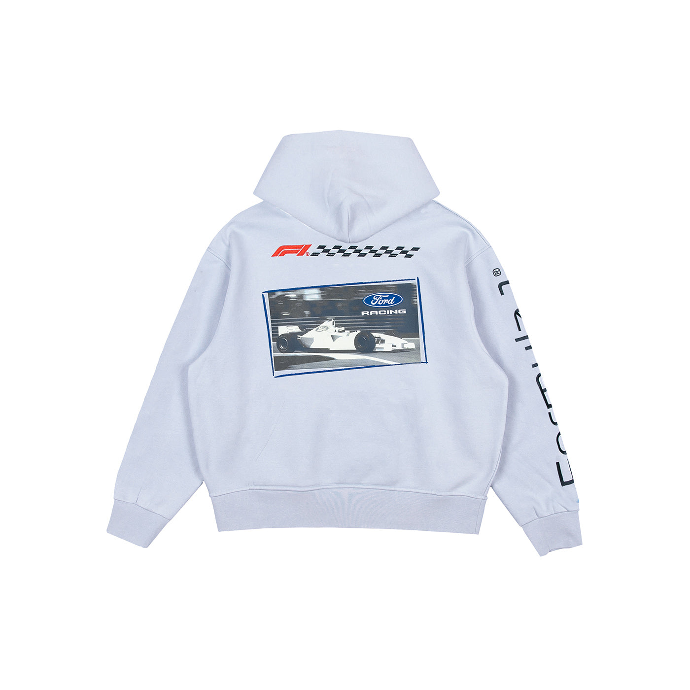 A white hooded sweatshirt shown from the back, featuring a red and black F1 logo above a checkered stripe, a large Ford race car graphic on the back, and 'FORD' printed vertically in black on the right sleeve.