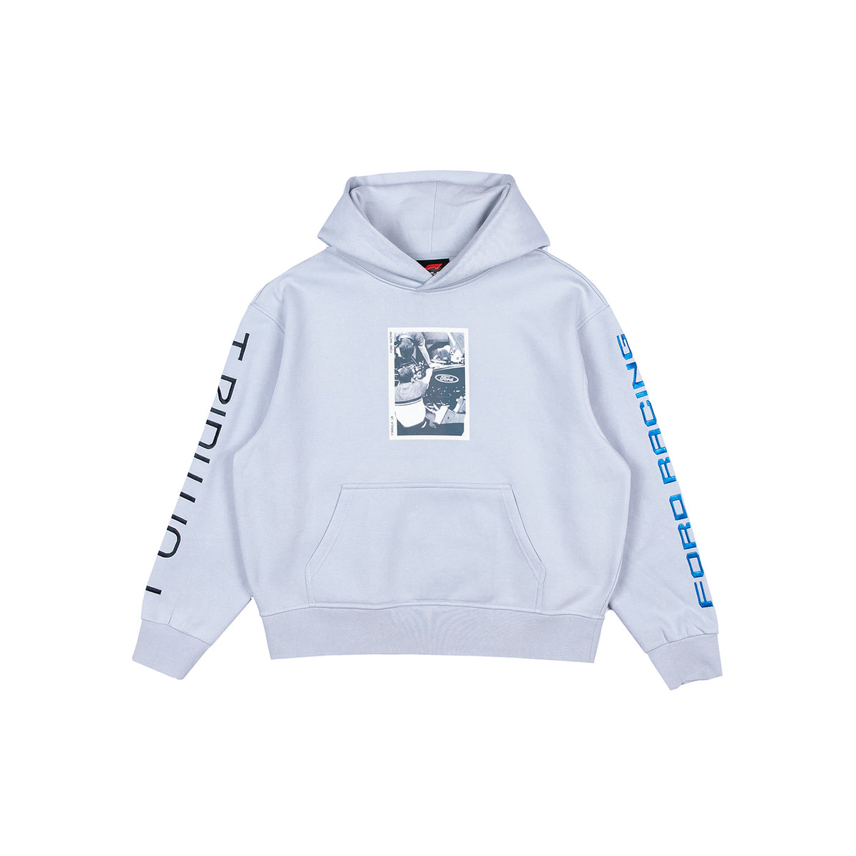A light blue pullover hoodie with a front kangaroo pocket, featuring a black-and-white graphic print on the chest and vertical text printed in black on one sleeve and blue on the other sleeve, displayed on a solid white background.
