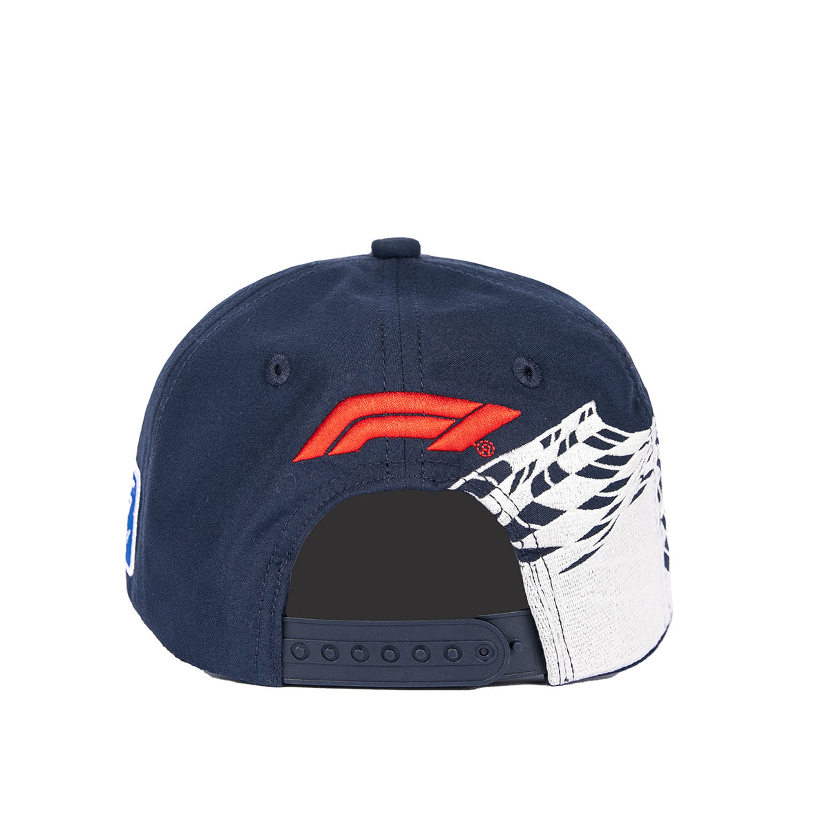 Rear view of a navy blue baseball cap featuring a red embroidered F1 logo and a white checkered flag pattern on the side, set against a plain white background.