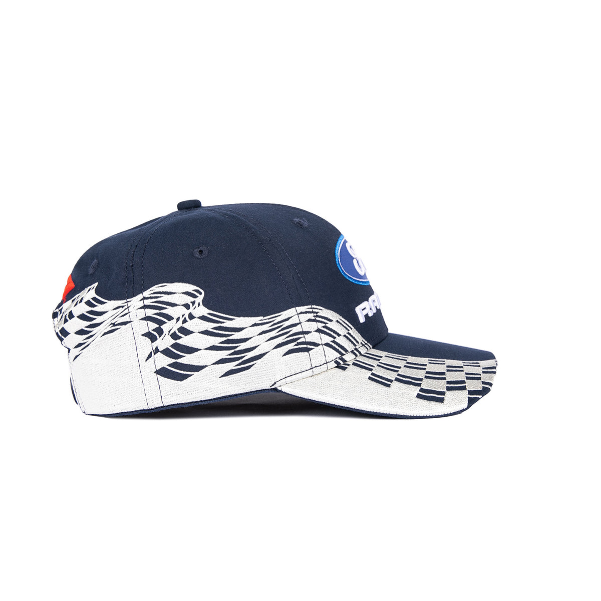 A navy blue baseball cap with a white and navy checkered flag pattern on the brim and side, featuring a blue oval logo on the front and a small red accent on the back side.