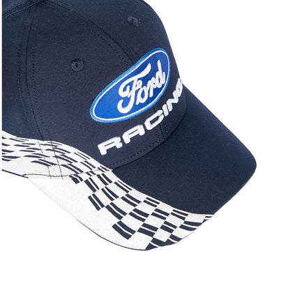 A dark navy blue Ford Racing baseball cap with a white and black checkered pattern on the brim, featuring the blue oval Ford logo and 'RACING' embroidered on the front.