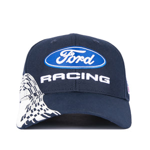 A navy blue Ford Racing baseball cap featuring a blue oval Ford logo with white script on the front, 'RACING' embroidered in white below it, and a white-and-black checkered flag graphic on the side of the brim.