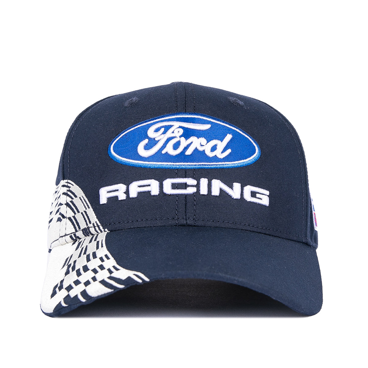 A navy blue Ford Racing baseball cap featuring a blue oval Ford logo with white script on the front, 'RACING' embroidered in white below it, and a white-and-black checkered flag graphic on the side of the brim.