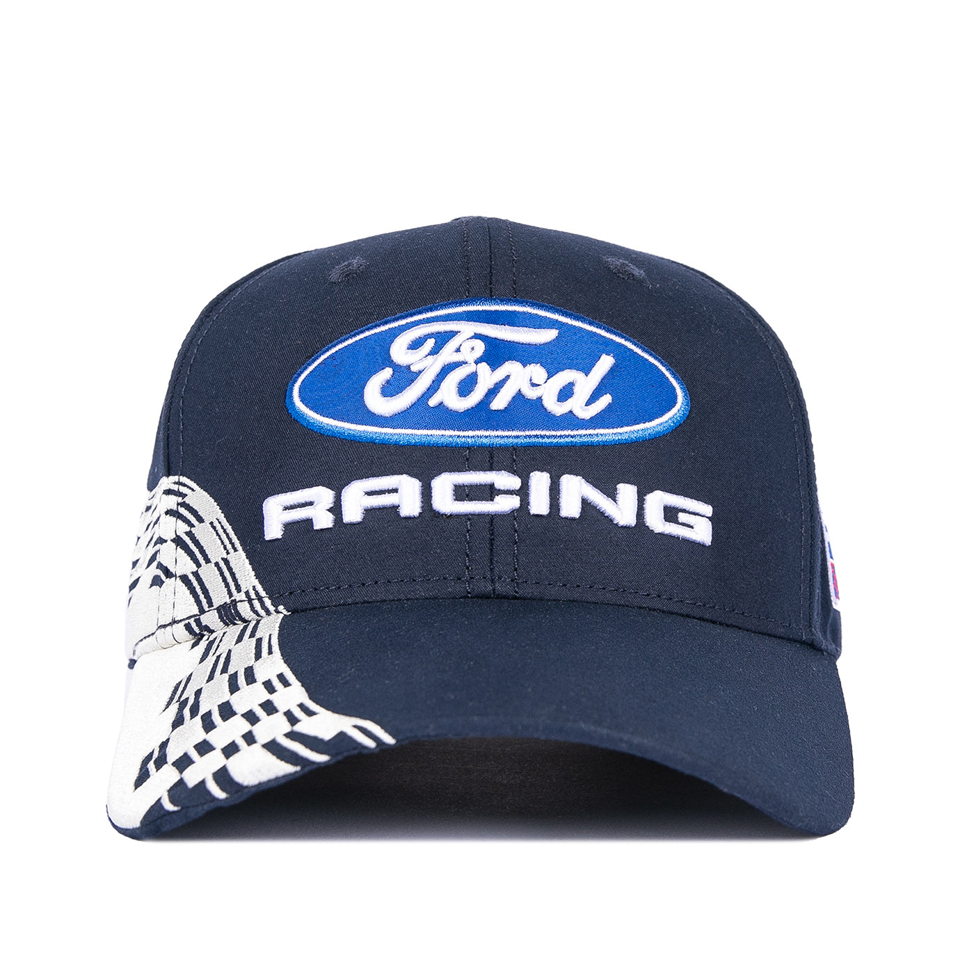 A navy blue Ford Racing baseball cap featuring a blue oval Ford logo with white script on the front, 'RACING' embroidered in white below it, and a white-and-black checkered flag graphic on the side of the brim.