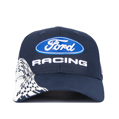 A navy blue Ford Racing baseball cap featuring a blue oval Ford logo with white script on the front, 'RACING' embroidered in white below it, and a white-and-black checkered flag graphic on the side of the brim.