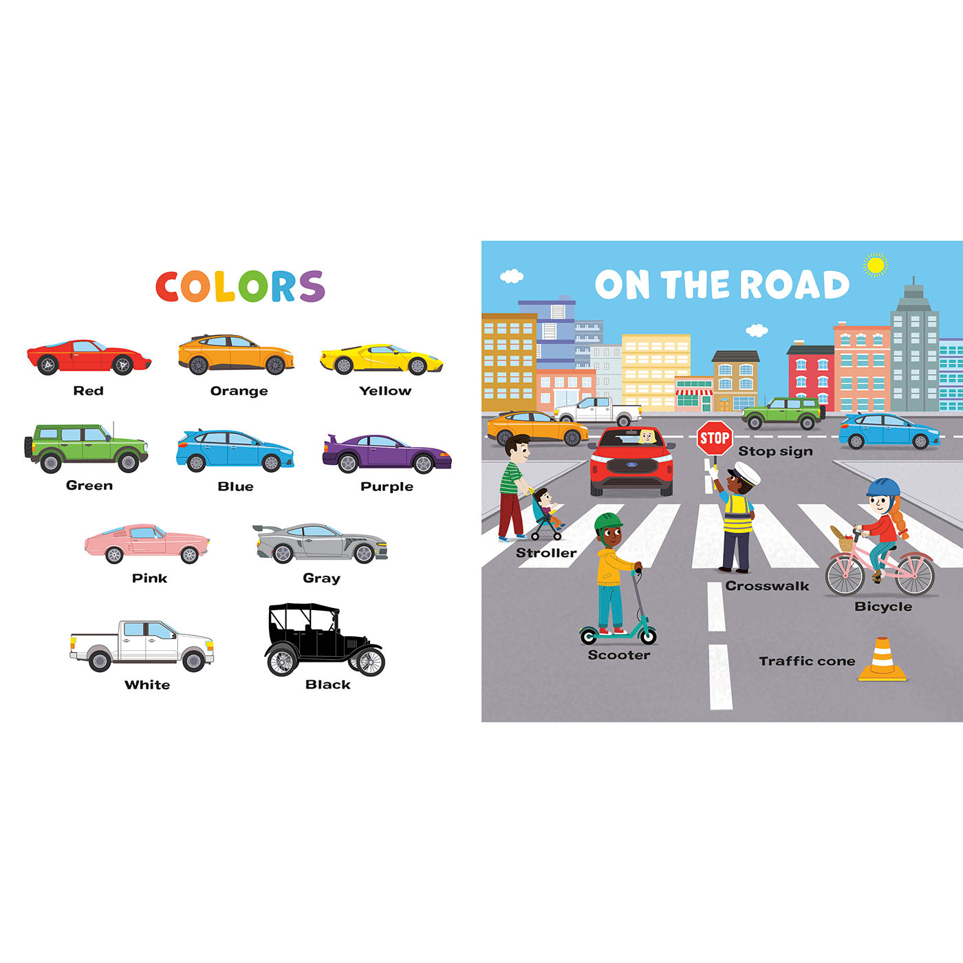 A children's educational poster or chart with two panels. The left panel shows labeled car color options: Red, Orange, Yellow, Green, Blue, Purple, Pink, Gray, White, and Black.