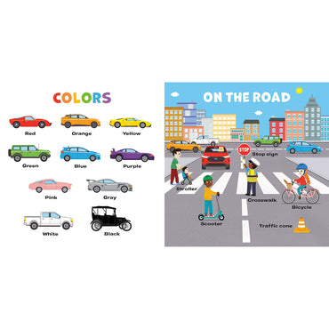 A children's educational poster or chart with two panels. The left panel shows labeled car color options: Red, Orange, Yellow, Green, Blue, Purple, Pink, Gray, White, and Black.
