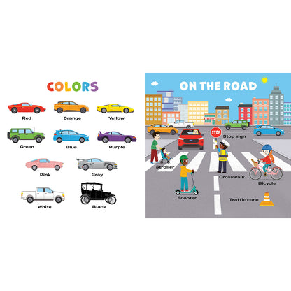 A children's educational poster or chart with two panels. The left panel shows labeled car color options: Red, Orange, Yellow, Green, Blue, Purple, Pink, Gray, White, and Black.