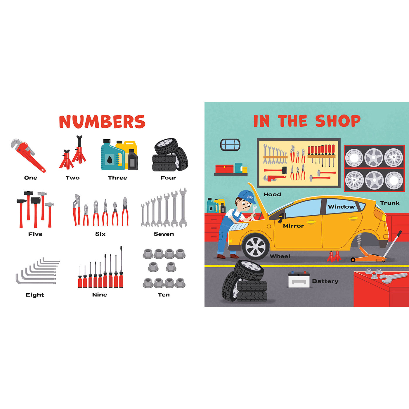 A children's educational illustration set featuring a 'NUMBERS' page with labeled numbers one through ten and various hand tools, alongside an 'IN THE SHOP' scene showing a cartoon mechanic working on a yellow car with labeled parts.