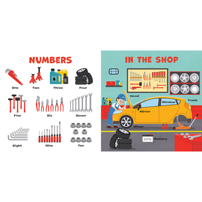 A children's educational illustration set featuring a 'NUMBERS' page with labeled numbers one through ten and various hand tools, alongside an 'IN THE SHOP' scene showing a cartoon mechanic working on a yellow car with labeled parts.