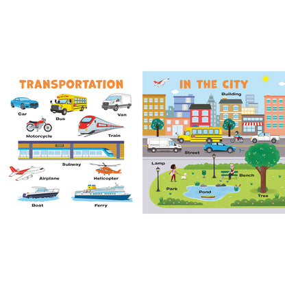 A children's educational poster or book page featuring cartoon illustrations of various modes of transportation, including cars, buses, trains, motorcycles, airplanes, boats, ferries, and subways, alongside a city scene labeled 'IN THE CITY' with a park, pond, and street.