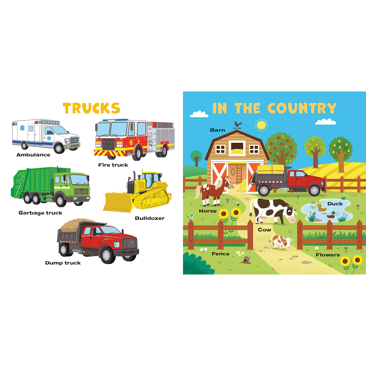 A children's educational poster or book cover titled 'IN THE COUNTRY' showing a farm scene with labeled vehicles and animals, alongside separate illustrations of trucks including ambulance, fire truck, garbage truck, bulldozer, and dump truck on a white background.