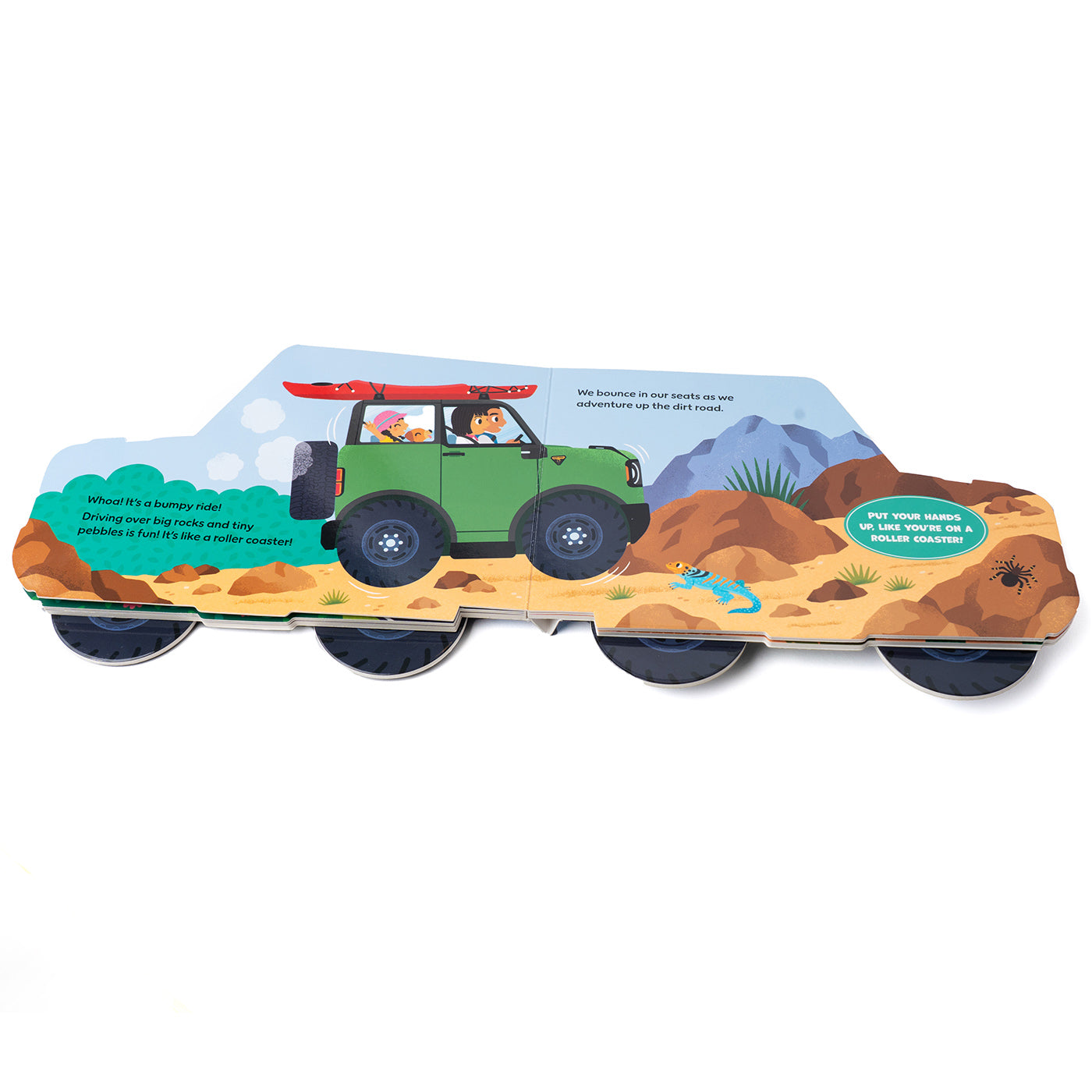 Toy car with desert scene and green vehicle on a white background