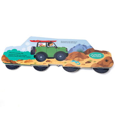Toy car with desert scene and green vehicle on a white background