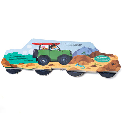 Toy car with desert scene and green vehicle on a white background