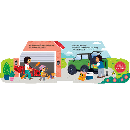 A colorful illustrated scene showing a family outdoors with a red tricycle, a green vehicle, and a small dog, with text bubbles and a sign reading 'WORK IS WHERE WE FIND IT.' This is not a clean product shot, not a measurement chart, swatch, or instruction diagram, and there is no single clearly sellable physical product isolated; it reads as a digital illustration/scene, so subject_type is Other.