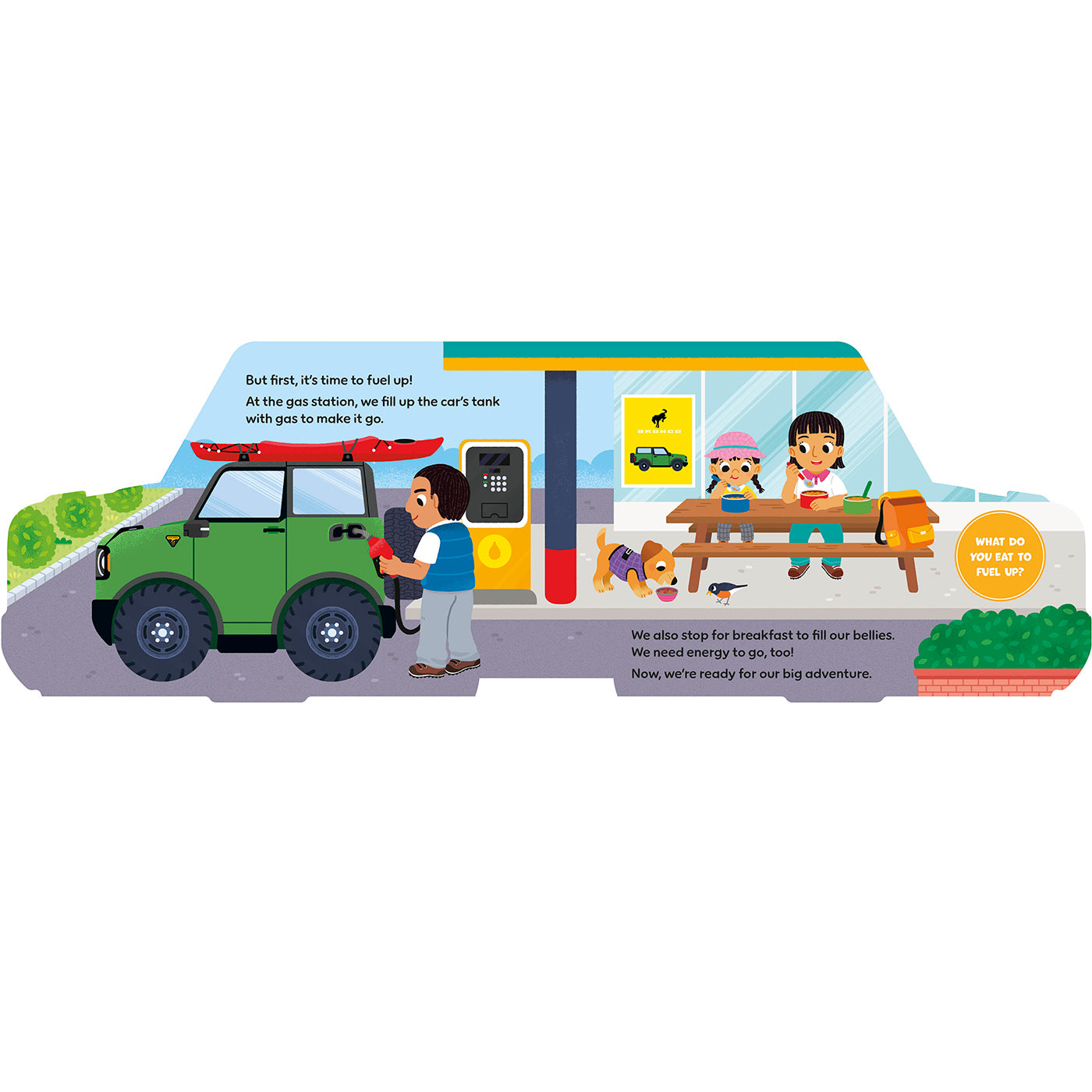 A colorful children's book or activity card featuring a cartoon bus and a green SUV with illustrated text panels and small character scenes.
