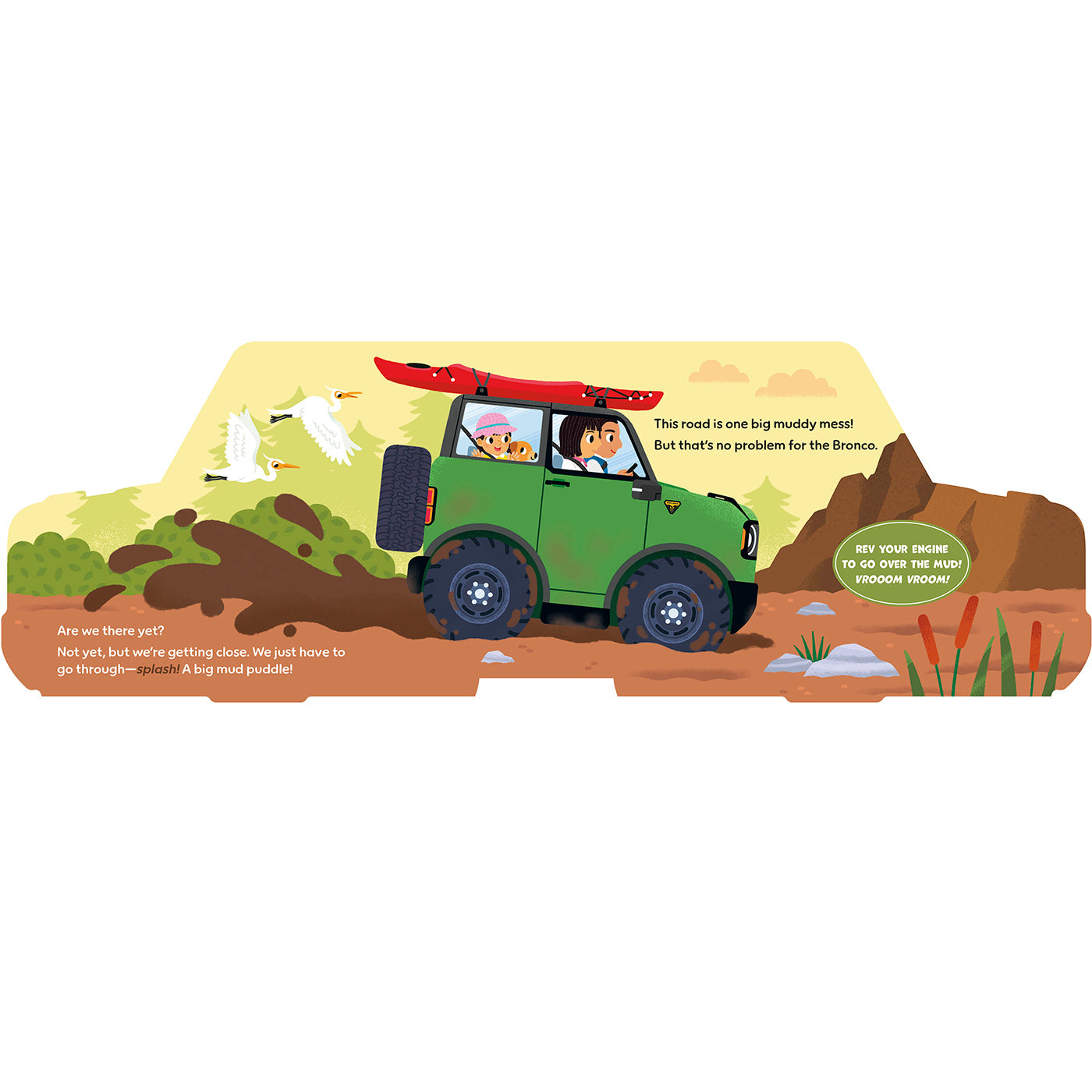 A colorful children's book or activity card featuring a green off-road vehicle with a red surfboard on top, driving through a dirt landscape with cartoon animals and text bubbles.