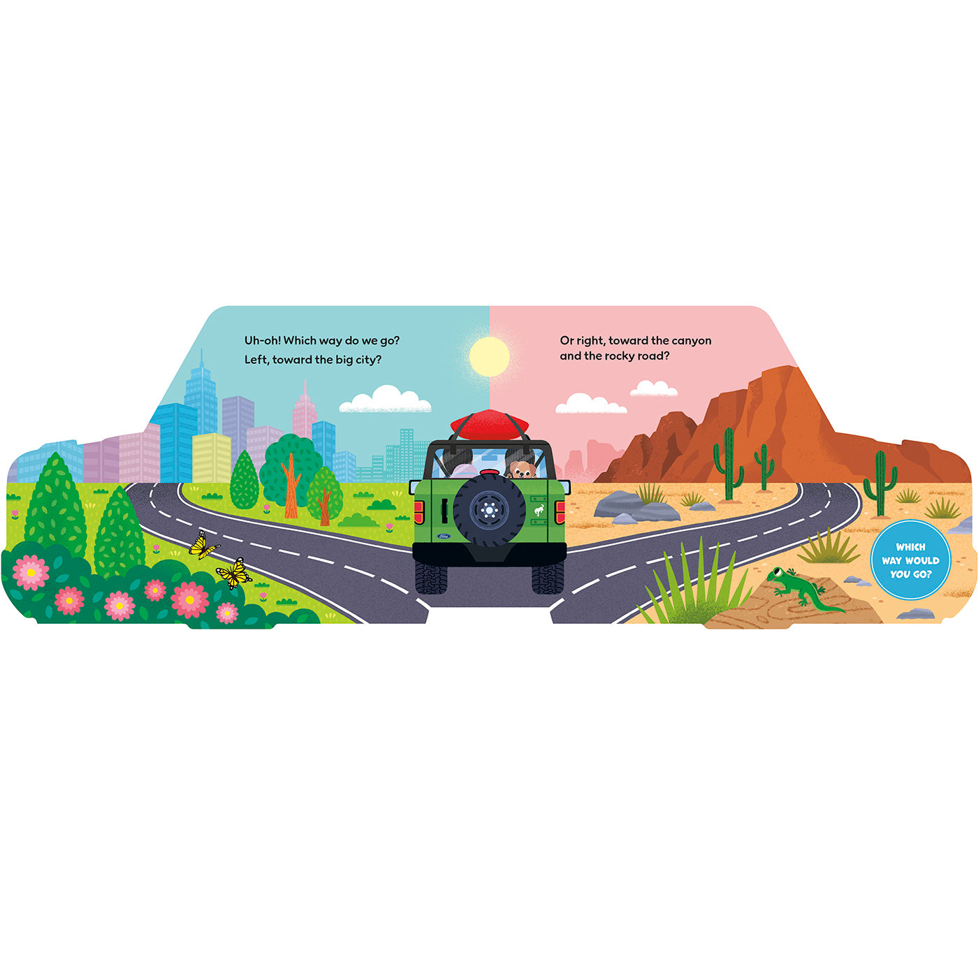 A colorful children's road-trip educational poster or board with illustrated scenery on both sides and a green jeep driving toward the viewer. Text prompts ask children which way to go left or right, and a blue circle reads 'WHEN WE SEE WOW!'.