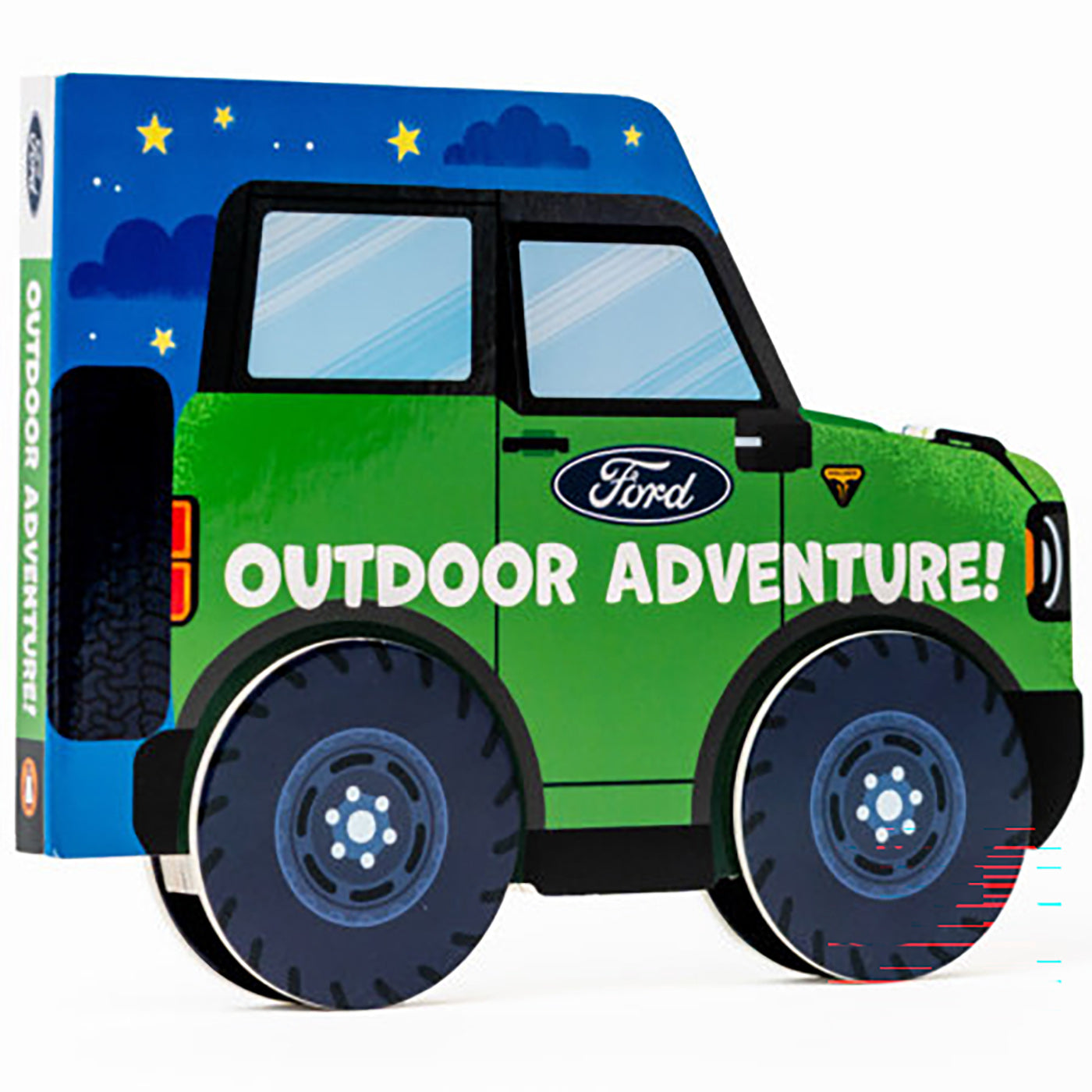 Green toy truck with 'Ford Outdoor Adventure!' text on a white background