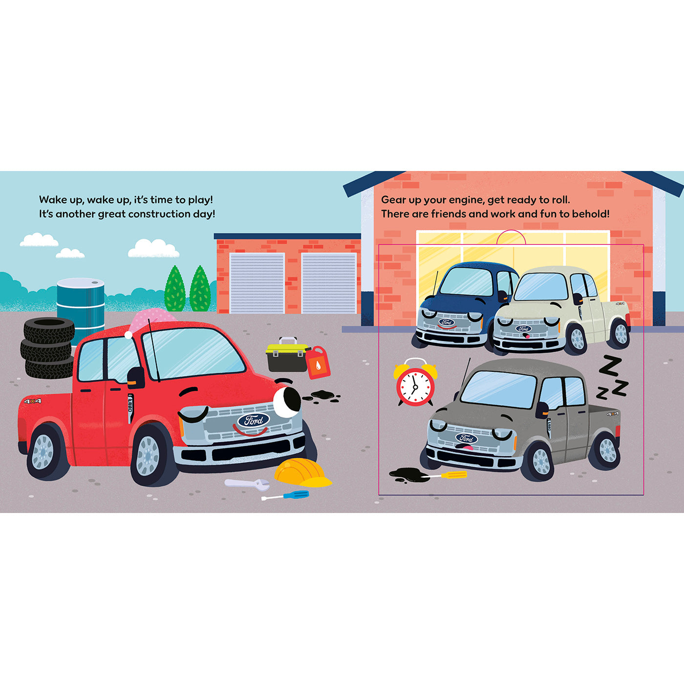 A colorful children's book or activity page showing a garage scene with cartoon cars, tools, tires, and construction-themed text. The left panel shows a red pickup truck with a broken headlight and scattered tools outside a garage, while the right panel shows two small cars in front of a garage with a highlighted box around one car.