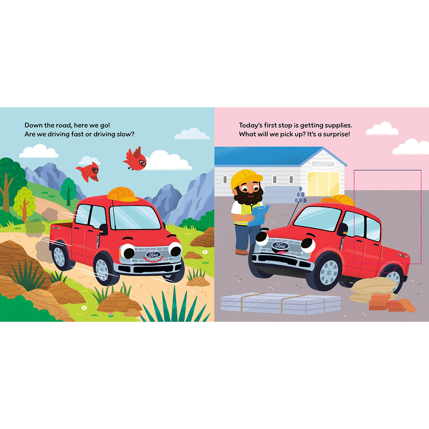 A children's book or activity card spread showing two illustrated scenes with a red pickup truck, a bearded man in a yellow hard hat, mountains, and a garage. The left panel has a blue sky and the right panel has a pink sky, with text prompts in each panel.