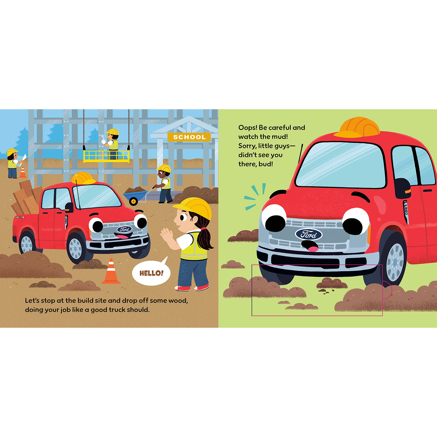 A children's educational book or activity card featuring two cartoon illustrations of a red Ford pickup truck at a construction site. The left panel shows the truck on a building site with workers, a school sign, and a child wearing safety gear.
