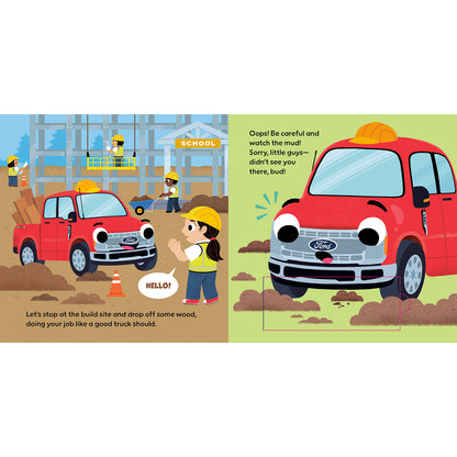 A children's educational book or activity card featuring two cartoon illustrations of a red Ford pickup truck at a construction site. The left panel shows the truck on a building site with workers, a school sign, and a child wearing safety gear.