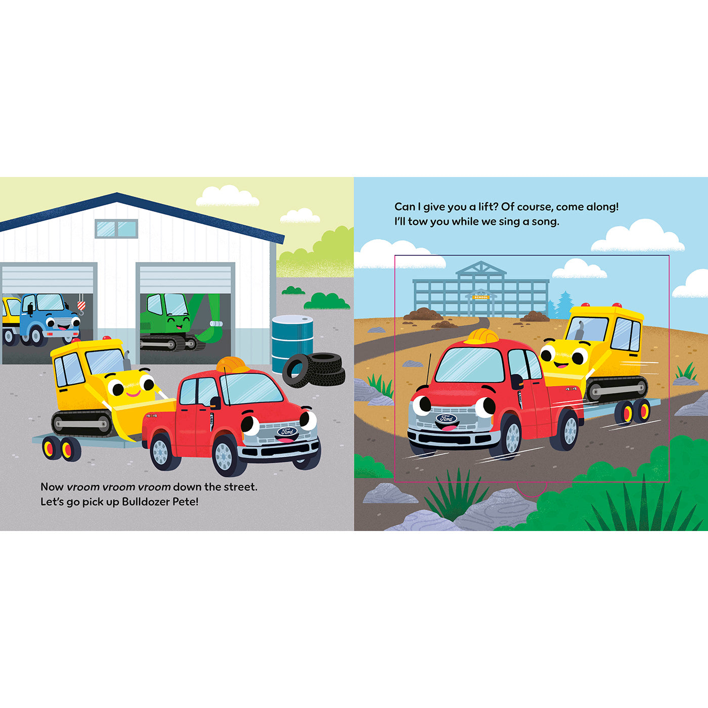 A children's book or activity card page featuring a cartoon illustration of construction vehicles. The left panel shows a yellow bulldozer and a red pickup truck in front of a white garage, with caption text at the bottom.