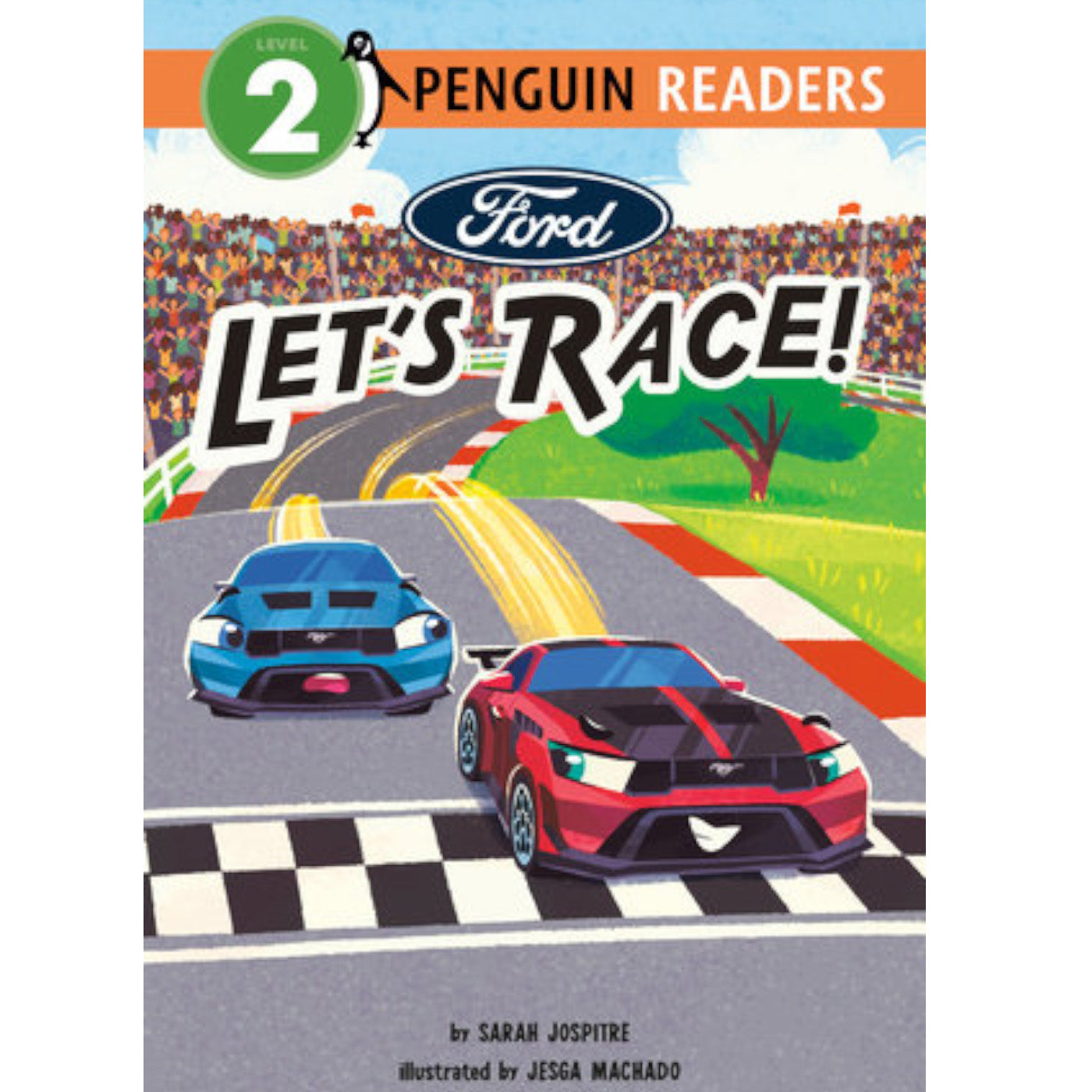 Front cover of the children's book 'Level 2 Penguin Readers: Ford Let's Race!' showing two racing cars on a track with a checkered finish line and a crowd in the background.