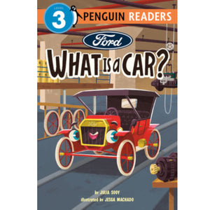 Front cover of the children's book 'Ford What Is a Car?' from Level 3 Penguin Readers, featuring a colorful vintage Ford car on a workshop floor with the Ford logo and title text.