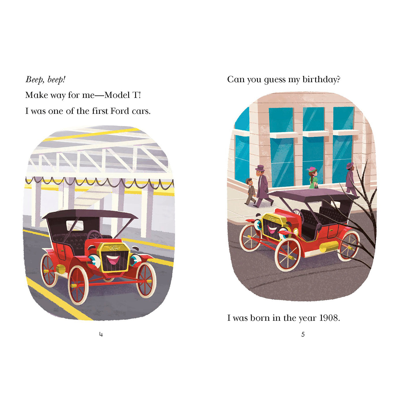 Two illustrated book pages showing vintage red cars in an urban scene, with text reading 'Beep, beep! Make way for me—Model T! I was one of the first Ford cars.' and 'Can you guess my birthday? I was born in the year 1908.