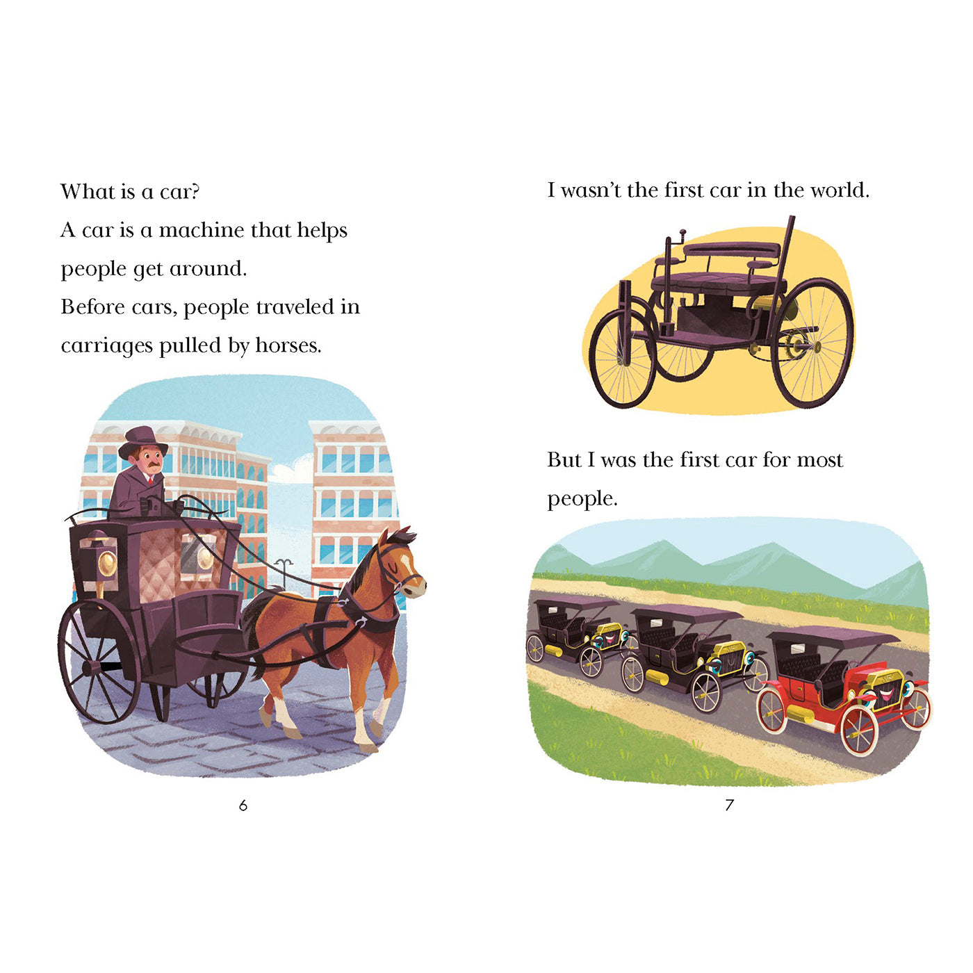 A children's educational book page with text and illustrations about cars. The left panel shows a horse-drawn carriage with a driver and the caption 'What is a car?'.