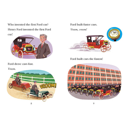 A children's educational book page about Henry Ford and early Ford cars, showing four illustrated panels with text questions and answers and vintage Ford cars, a clock, and a long line of cars.