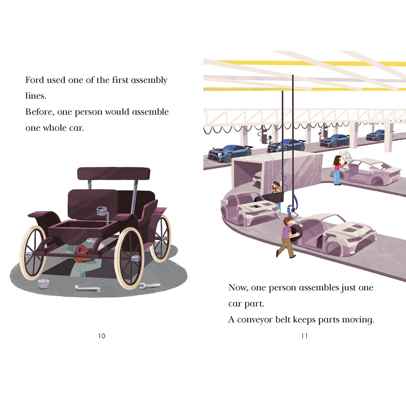 An illustrated book page showing the history of car assembly, with text explaining Ford's assembly lines and two side-by-side vintage car depictions: one fully assembled carriage-style car on the left and one partially assembled car on the right inside a factory setting.