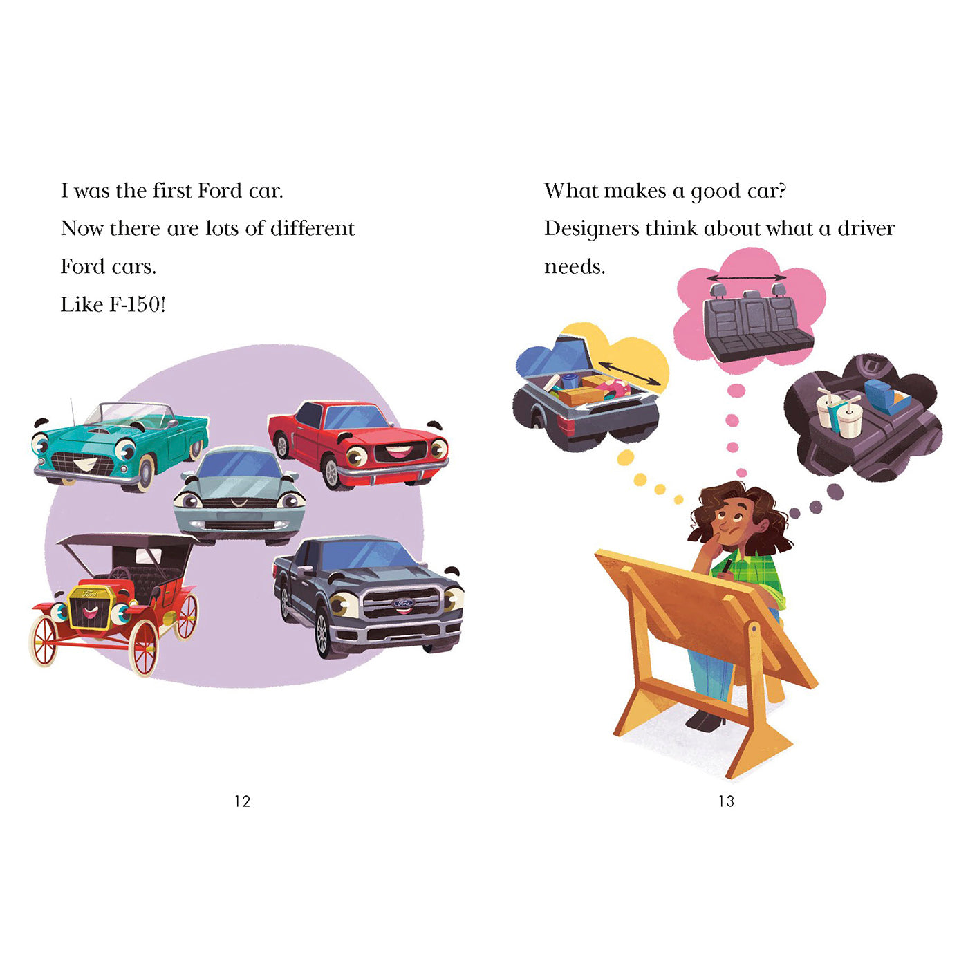 A two-page children's book spread showing illustrated Ford cars and a cartoon girl at a drafting table thinking about car design. Text on the pages reads, 'I was the first Ford car.