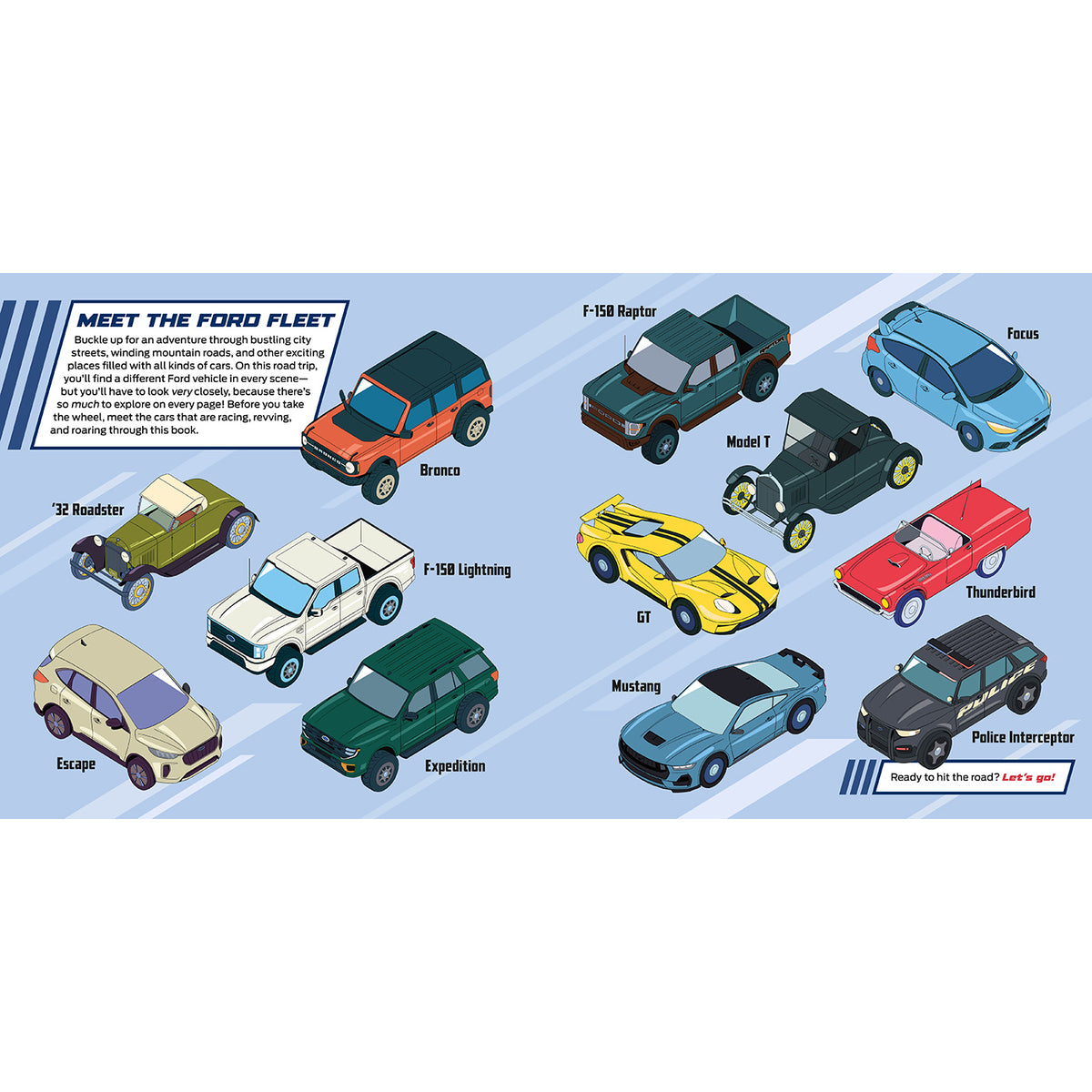 A flat illustrated poster-style layout showing multiple vintage Ford vehicles with labels such as F-150 Reaper, Bronce, Model T, Focus, '32 Buckster, F-100 Lightning, GT, Mustang, Expedition, Escort, Thunderbird, and Police Interceptor, plus text reading 'Meet the Ford Fleet.' This is not a real product photo, not packaging, and not an instruction/measurement/color auxiliary image; it fits best under Other as a digital/printed informational graphic.