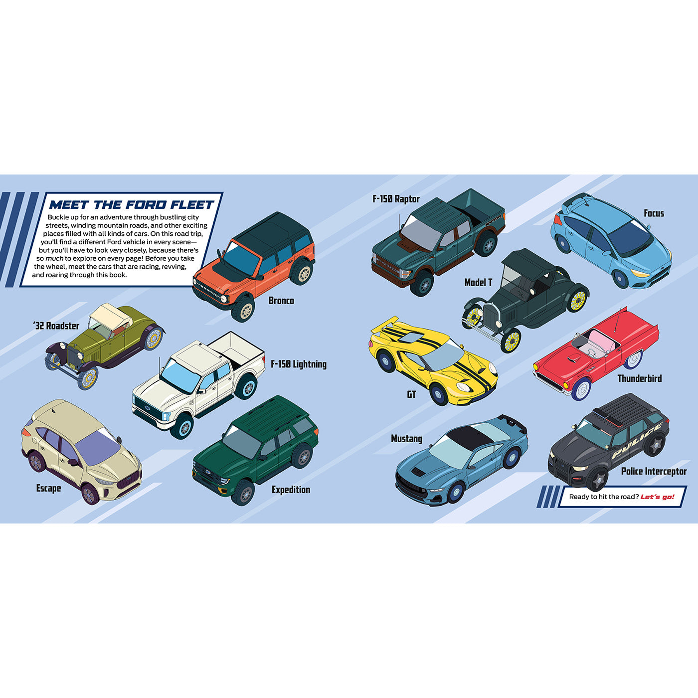 A flat illustrated poster-style layout showing multiple vintage Ford vehicles with labels such as F-150 Reaper, Bronce, Model T, Focus, '32 Buckster, F-100 Lightning, GT, Mustang, Expedition, Escort, Thunderbird, and Police Interceptor, plus text reading 'Meet the Ford Fleet.' This is not a real product photo, not packaging, and not an instruction/measurement/color auxiliary image; it fits best under Other as a digital/printed informational graphic.