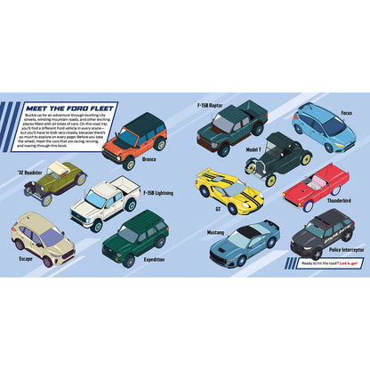 A flat illustrated poster-style layout showing multiple vintage Ford vehicles with labels such as F-150 Reaper, Bronce, Model T, Focus, '32 Buckster, F-100 Lightning, GT, Mustang, Expedition, Escort, Thunderbird, and Police Interceptor, plus text reading 'Meet the Ford Fleet.' This is not a real product photo, not packaging, and not an instruction/measurement/color auxiliary image; it fits best under Other as a digital/printed informational graphic.