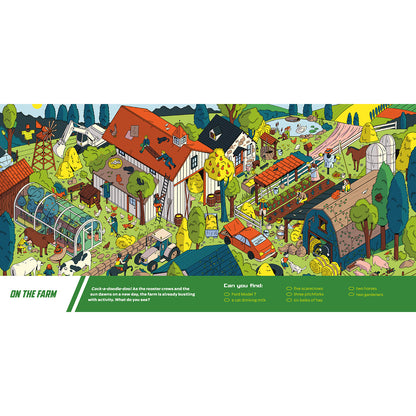 A colorful illustrated poster or print showing a busy farm scene with houses, animals, vehicles, and people working outdoors. The bottom section includes text reading 'ON THE FARM' and 'Can you find?' with clues about farm items and verbs.