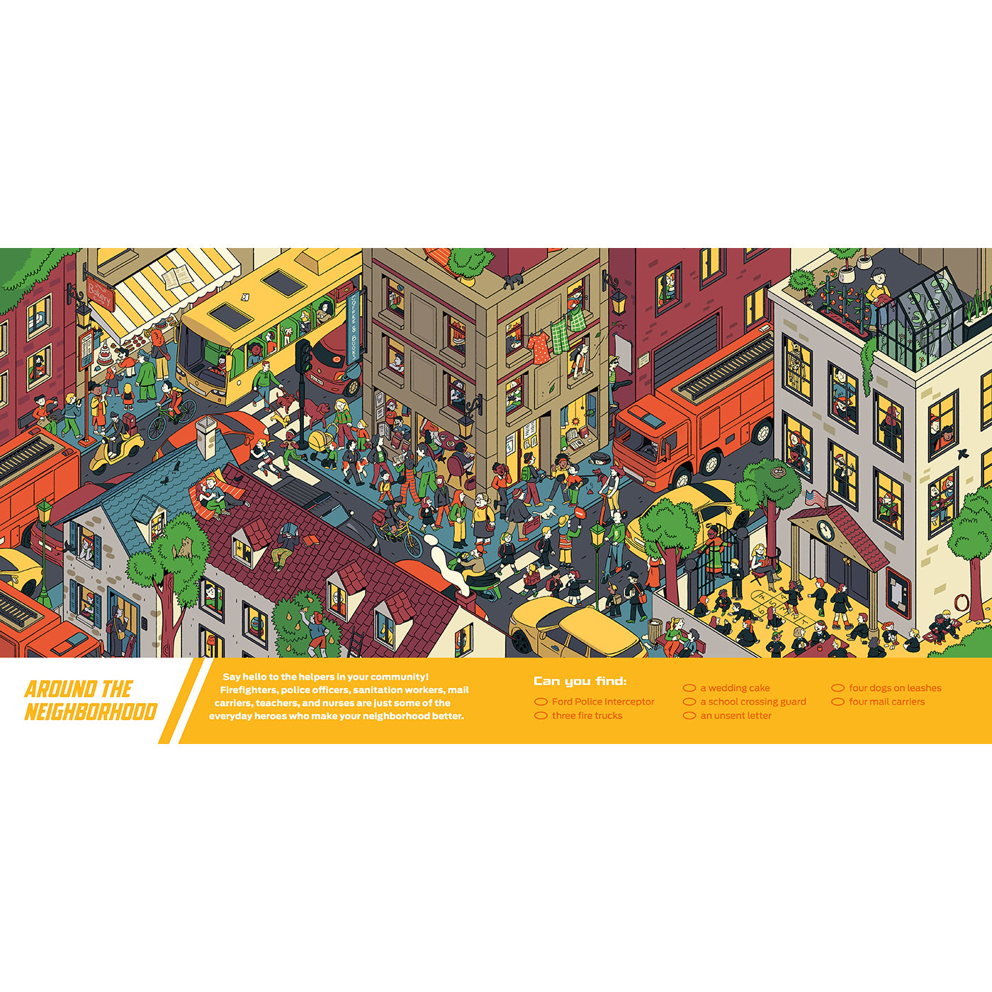 An illustrated poster or print showing a stylized isometric city street scene with buildings, people, cars, and storefronts, plus a yellow banner at the bottom reading 'Around the Neighborhood' and a checklist titled 'Can you spot?'.