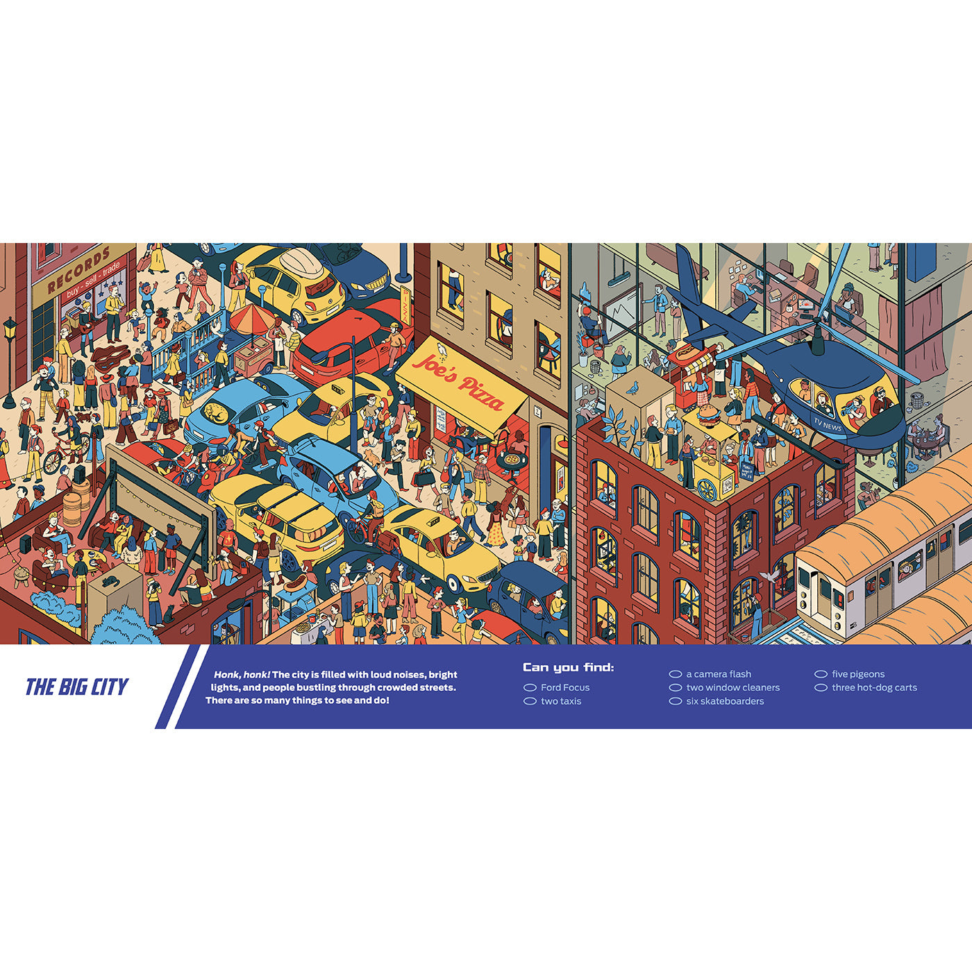 An illustrated poster or print showing a busy city street scene with cars, pedestrians, buildings, a pizza shop, a helicopter, and a tram. The left side has a blue banner reading 'THE BIG CITY,' and the right side includes a legend titled 'Can you Read?' with small icons and text.