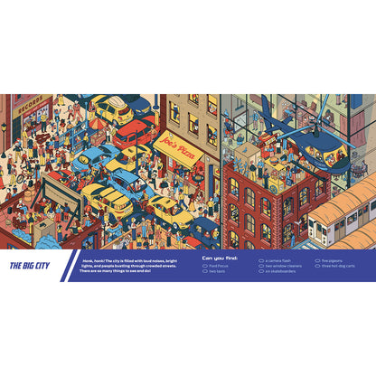 An illustrated poster or print showing a busy city street scene with cars, pedestrians, buildings, a pizza shop, a helicopter, and a tram. The left side has a blue banner reading 'THE BIG CITY,' and the right side includes a legend titled 'Can you Read?' with small icons and text.