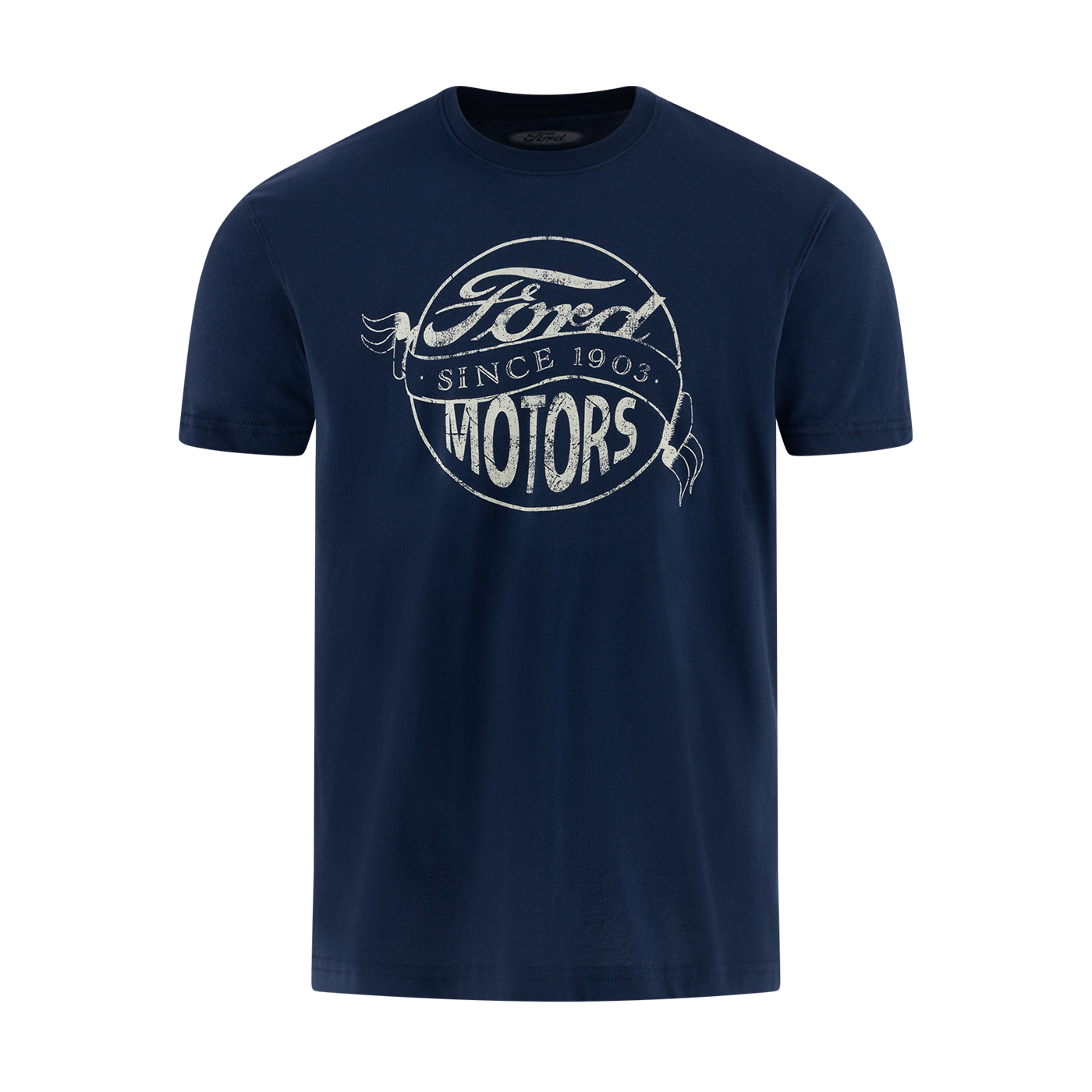 Navy blue t-shirt with Ford Motor company logo on a white background
