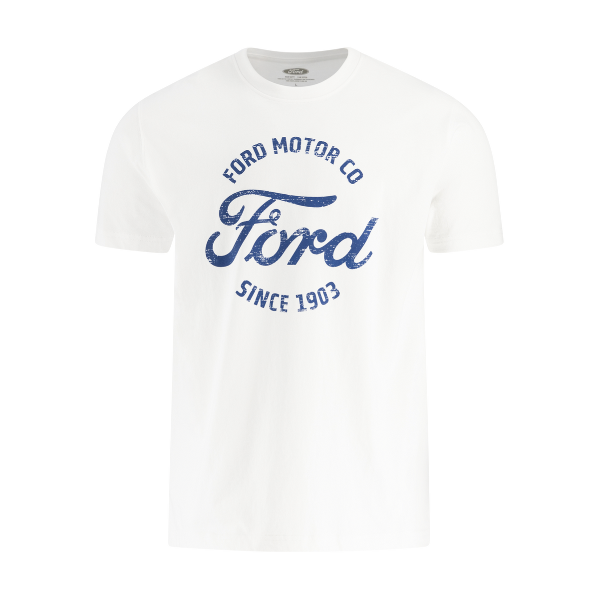 White t-shirt with blue Ford logo and text on a white background