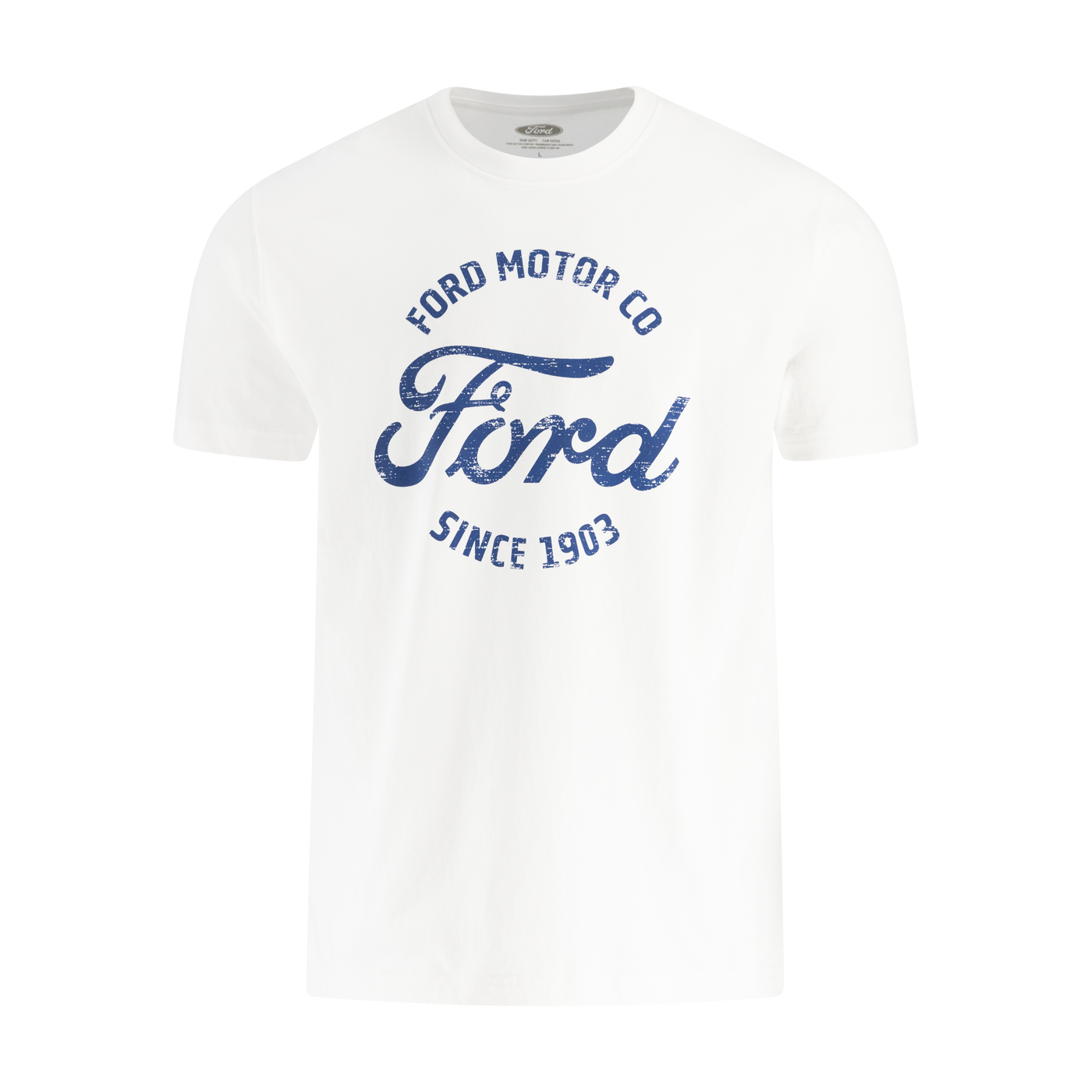 White t-shirt with blue Ford logo and text on a white background